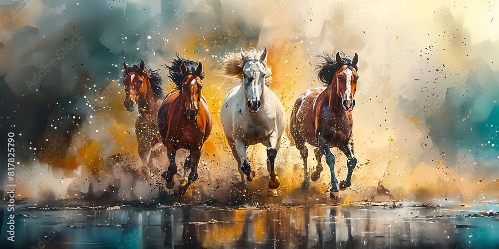 Horses running in water, digital painting of horses in motion.