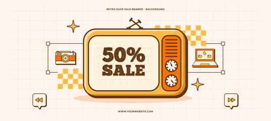 Fototapete - 70s retro old computer user interface sale banner. Up to 50 percent off groovy background. TV, laptop, photo camera vector elements of UI and UX website design.