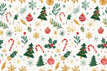 Sticker - Repeating holiday pattern featuring classic Christmas icons such as Santa Claus, reindeer, and gingerbread cookies.
