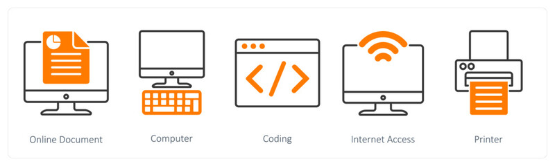 A set of 5 Business and Office icons as online document, computer, coding