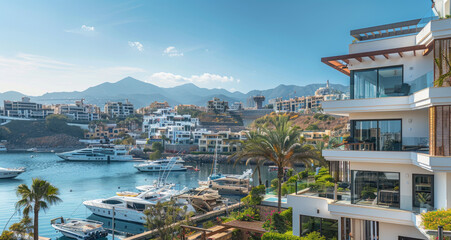 Canvas Print - A panoramic view of the city's harbor, showcasing its bustling port and boats docked along the bright blue waters.