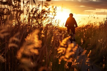 Wall Mural - biker on a path surrounded by tall grasses at sunset