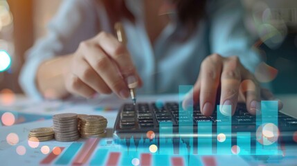 Poster - Business Financing Accounting Banking Concept, Businesswoman doing finances and calculating financial report with business graph growth chart, finance