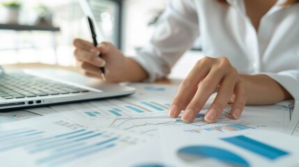 Poster - Business Financing Accounting Banking Concept, Businesswoman doing finances and calculating financial report with business graph growth chart, finance