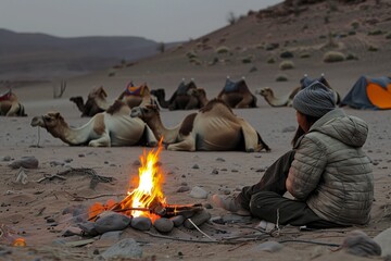 Sticker - person sitting by campfire, camels resting in background