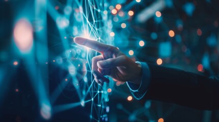 Fototapete - Businessman hand touching of digital data network transformation for next generation technology on cyberspace, Internet network and digital software development, Algorithm, Metaverse and data science.