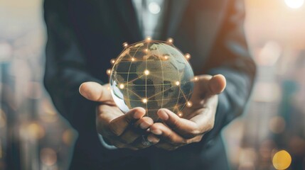 Aufkleber - Businessman holding global network connection on social networking and customer data analytics, Business strategy and smart intelligence, digital