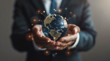 Aufkleber - Businessman holding global network connection on social networking and customer data analytics, Business strategy and smart intelligence,