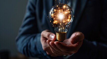 Poster - businessman holding light blub with virtual Global Internet connection. global internet connection application technology and digital marketing, Financial and banking, Digital link tech, big data.