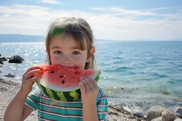 Sticker - child eating watermelon slice by the sea