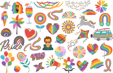 celebration pride month icons objects elements, rainbow LGBT design set