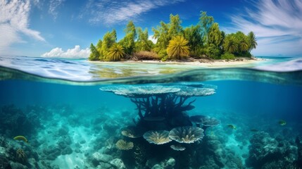 Wall Mural - Beautiful underwater view of lone small island above and below the water surface in turquoise waters of tropical ocean.