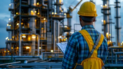 Poster - Construction Worker Planning Contractor Checking at site gas, oil, energy and factory construction.