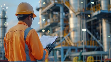 Poster - Construction Worker Planning Contractor Checking at site gas, oil, energy and factory construction.