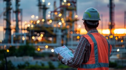 Poster - Construction Worker Planning Contractor Checking at site gas, oil, energy and factory construction.
