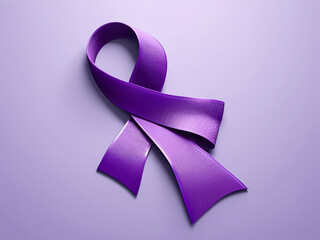 3D-rendered awareness ribbon in shades of purple on solid background