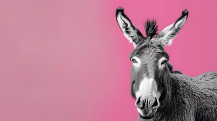 Funny Donkey Portrait in Black and White on Magenta Background

