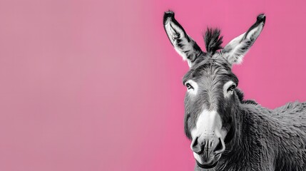 Wall Mural - Funny Donkey Portrait in Black and White on Magenta Background

