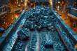 © acambium64 - A close-up of coal pieces on a conveyor belt, destined for a power plant, detailed texture of the coal and machinery, emphasizing the traditional energy source.