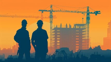 Poster - Engineer workers on background of construction cranes on background.