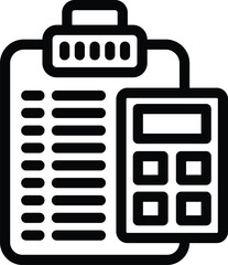 Poster - Simple, elegant black and white line art vector graphic illustration of clipboard and calculator icon for financial data organization and planning in modern office technology application design