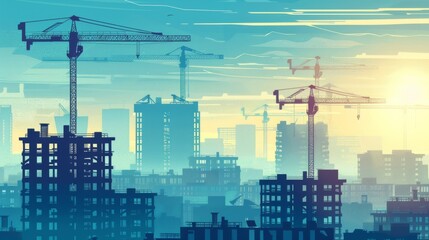 Poster - Engineer workers on background of construction cranes on background.