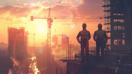 Poster - Engineer workers on background of construction cranes on background.