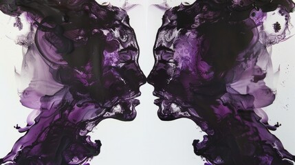 Wall Mural - Ink Blot Romance: Rorschach ink blot technique, deep blacks and purples, mystery, allure, couple framed in center realistic