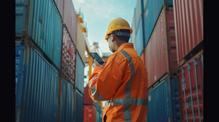 Poster - Foreman wearing a safety suit is controlling the movement of goods in the container by using radio communication. Engineers are using mobile phones in the port of loading goods.