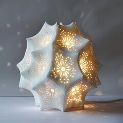 hexagonal white lamp that has star-shaped holes around it