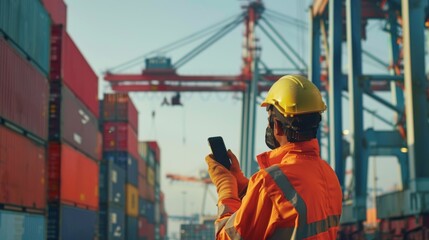 Poster - Foreman wearing a safety suit is controlling the movement of goods in the container by using radio communication. Engineers are using mobile phones in the port of loading goods.