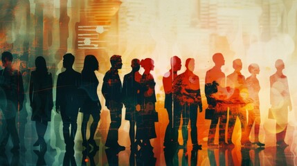 Aufkleber - Group of business people outlines with lit background . Mixed media