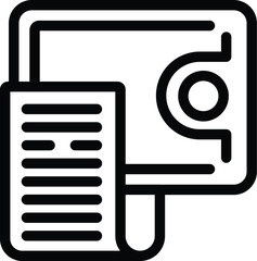 Poster - Black and white line icon representing a document attached to a pie chart, ideal for business analytics visuals