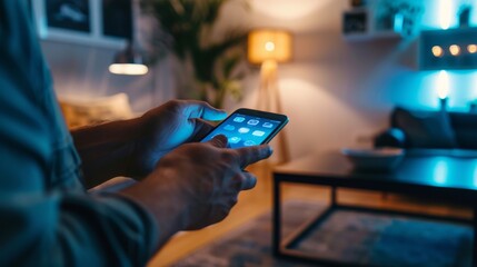 Leinwandbilder - Man's hand using a smartphone controlling smart home automation assistant. Smart home concept