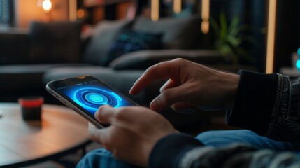 Leinwandbilder - Man's hand using a smartphone controlling smart home automation assistant. Smart home concept