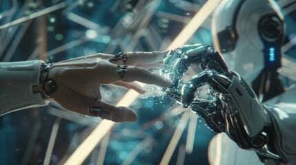Fototapete - Metaverse technology, Hand of robot and human connected on network metaverse, Technological