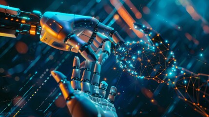 Fototapete - Metaverse technology, Hand of robot and human connected on network metaverse, Technological