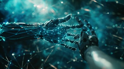 Fototapete - Metaverse technology, Hand of robot and human connected on network metaverse, Technological transition between human and robots, Virtual reality,