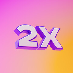 White 2x symbol with purple outline isolated over pink and yellow background. 3D rendering.