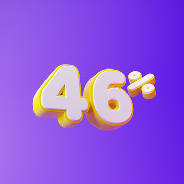 White forty six percent or 46 % with yellow outline isolated over purple background. 3D rendering.