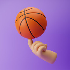 Cartoon emoji hand holding basketball with one finger isolated over purple background. 3d rendering.