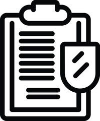 Wall Mural - Black and white line art vector icon representing a clipboard with a checklist and a pen attached