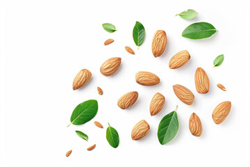 Natural Almonds and Leaves. Minimalist Design on White Canvas