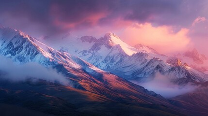 Aufkleber - Scenic mountain sunrise, with the first light of dawn illuminating snow-capped peaks and casting a warm glow on the landscape