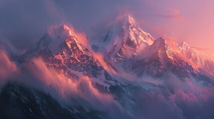 Aufkleber - Scenic mountain sunrise, with the first light of dawn illuminating snow-capped peaks and casting a warm glow on the landscape