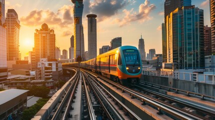Aufkleber - sky trains and mass transportation station with modern building in city background