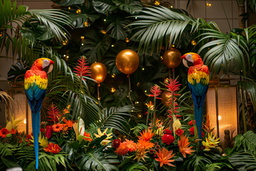 Depict a tropical paradise indoors with lush palm fronds, exotic flowers, and colorful parrot balloons perched among tropical foliage, illuminated by warm, golden lights reminiscent of a sunset over t