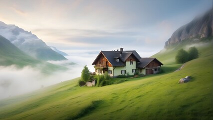 Wall Mural - Isolated house in the mountains, beautiful typical northern European house in a lush, green landscape with fog
