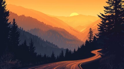Aufkleber - Sunset casting warm hues over a mountain road, with silhouettes of trees lining the winding path.