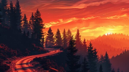 Aufkleber - Sunset casting warm hues over a mountain road, with silhouettes of trees lining the winding path.